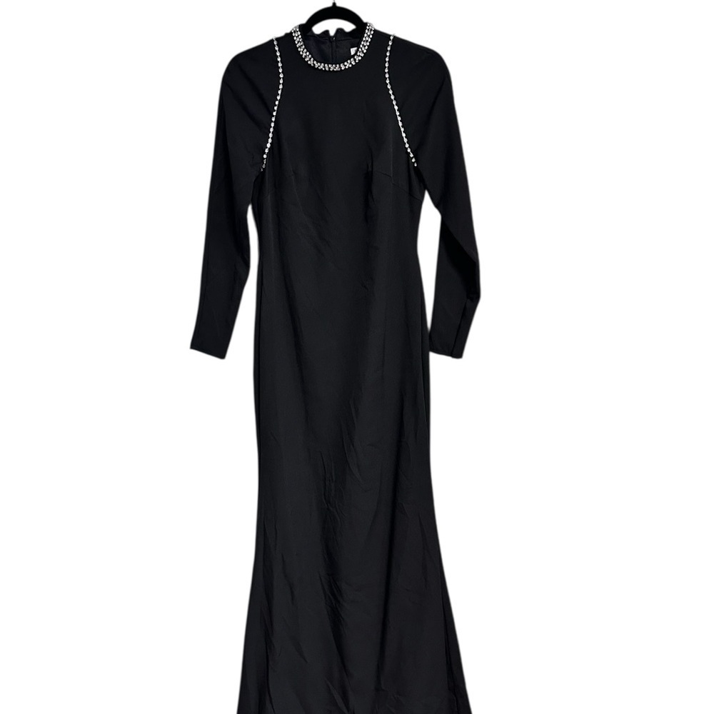 IEENA by Mac Duggal Black Maxi Formal Dress Embellished Neckline Jersey Size 2